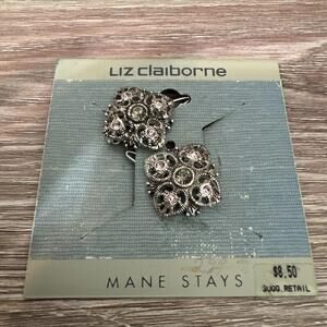 Vintage Liz Claiborne Silver Tone Floral Rhinestone Barettes NOS S2